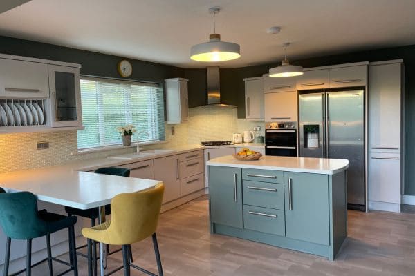 Modern Kitchen Cabinets painted white with blue island