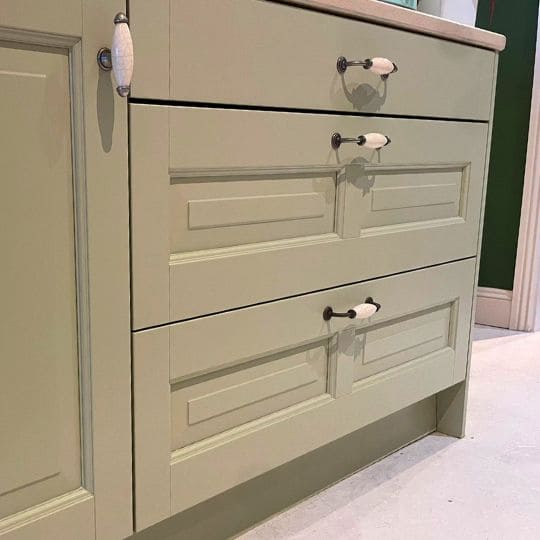 Kitchen island green hand-painted with vintage handles